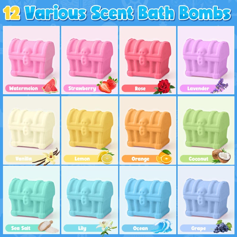 Toylink Bath Bombs for Kids with Diving Gem Toys Inside, 12 Pack Treasure Chest Bath Bombs with Surprise Pirate Accessories Pretend Playset, Handmade Bubble Bath Fizzies Birthday Christmas Gift Set - Image 3