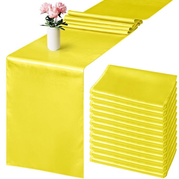 12 PACK SATIN TABLE RUNNER 12 X 108 INCH YELLOW LONG WEDDING SATIN SILK TABLE RUNNER FOR WEDDING BANQUET GRADUATIONS BIRTHDAY PARTY DECORATION