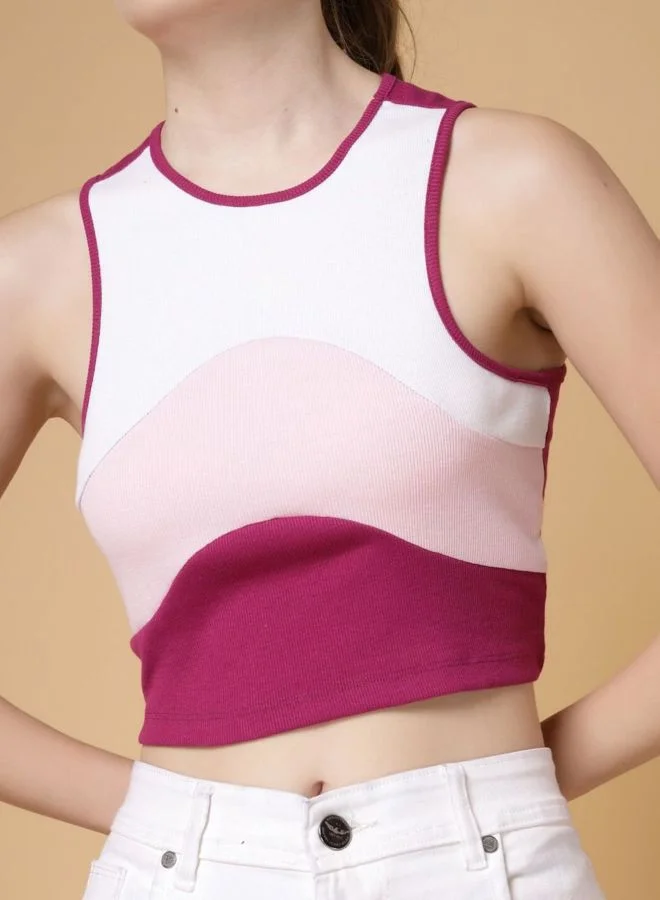 Freehand  Women Regular Fit Colourblocked Round Neck Sleeveless Racerback Top  | Best Price UAE