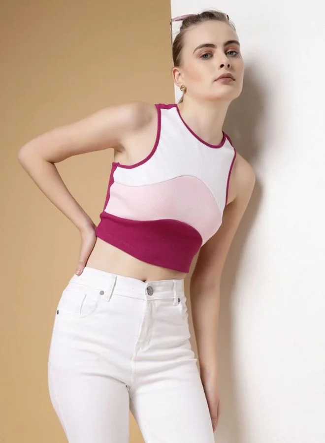 Freehand  Women Regular Fit Colourblocked Round Neck Sleeveless Racerback Top  | Best Price UAE