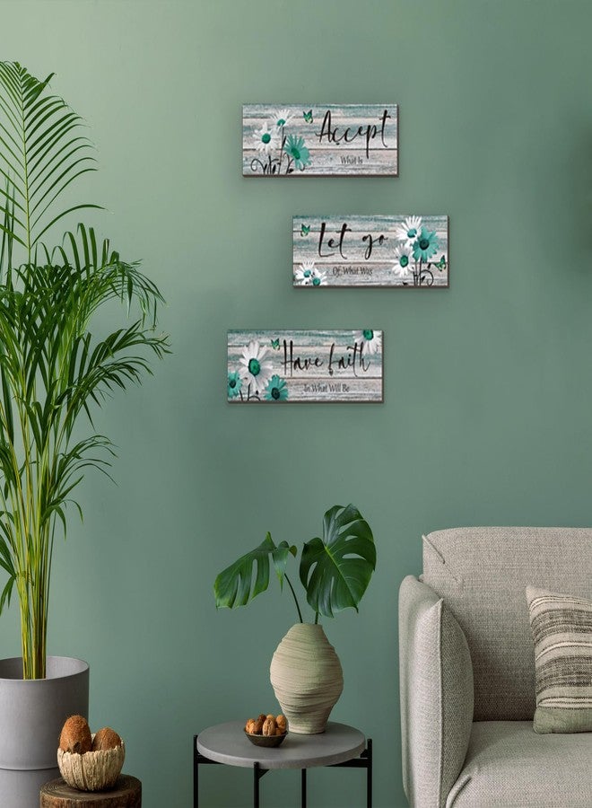 ZINYAZHE 3 Pcs Farmhouse Bathroom Wall Decor Teal Daisy Floral Flowers and Turquoise Butterfly Bathroom Wall Art Accept Let Go Have Faith Positive Rustic Wood Plaque for Home Laundry (Teal,12 x 4Inch) - Image 2