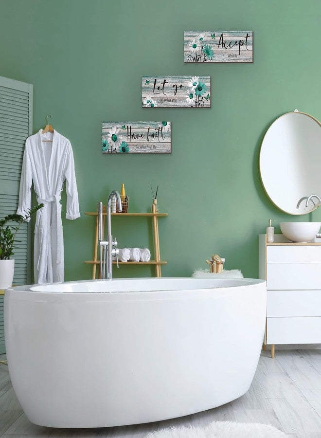 ZINYAZHE 3 Pcs Farmhouse Bathroom Wall Decor Teal Daisy Floral Flowers and Turquoise Butterfly Bathroom Wall Art Accept Let Go Have Faith Positive Rustic Wood Plaque for Home Laundry (Teal,12 x 4Inch) - Image 3