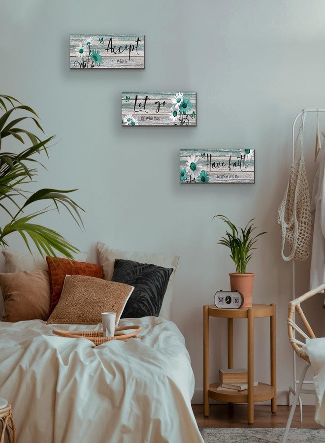 ZINYAZHE 3 Pcs Farmhouse Bathroom Wall Decor Teal Daisy Floral Flowers and Turquoise Butterfly Bathroom Wall Art Accept Let Go Have Faith Positive Rustic Wood Plaque for Home Laundry (Teal,12 x 4Inch) - Image 5