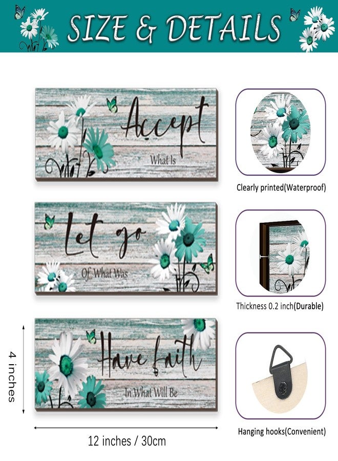 ZINYAZHE 3 Pcs Farmhouse Bathroom Wall Decor Teal Daisy Floral Flowers and Turquoise Butterfly Bathroom Wall Art Accept Let Go Have Faith Positive Rustic Wood Plaque for Home Laundry (Teal,12 x 4Inch) - Image 4