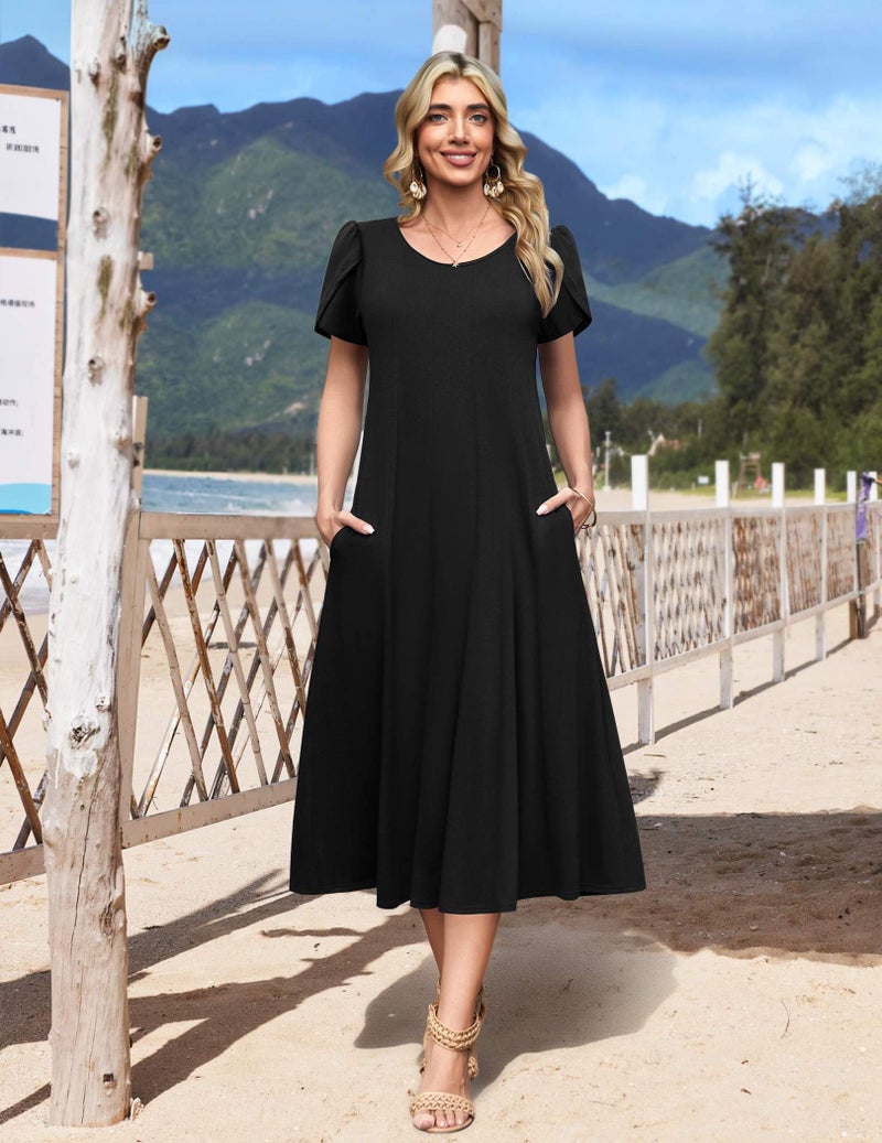 HOTOUCH Womens Summer Midi Dress Casual Dresses with Pockets Short Sleeve Black Dress Loose Fitting Boho Dresses for Women 2026, A-Black,XL - Image 3