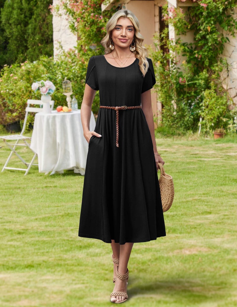 HOTOUCH Womens Summer Midi Dress Casual Dresses with Pockets Short Sleeve Black Dress Loose Fitting Boho Dresses for Women 2026, A-Black,XL - Image 5