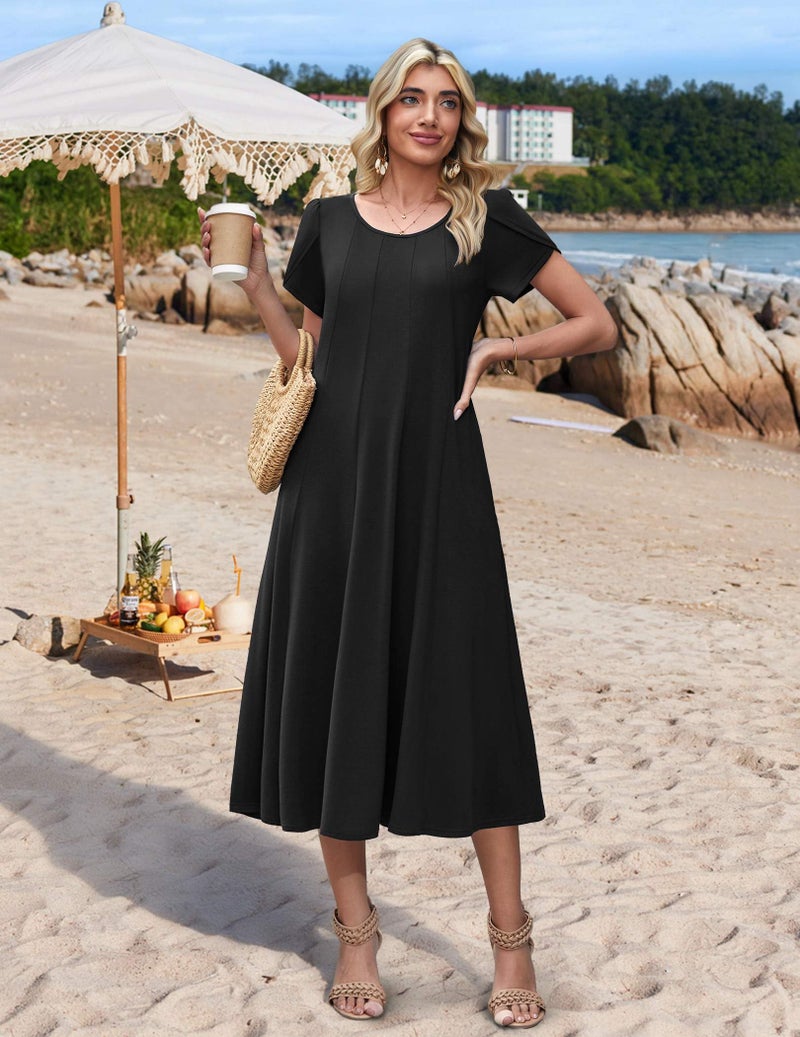 HOTOUCH Womens Summer Midi Dress Casual Dresses with Pockets Short Sleeve Black Dress Loose Fitting Boho Dresses for Women 2026, A-Black,XL - Image 4