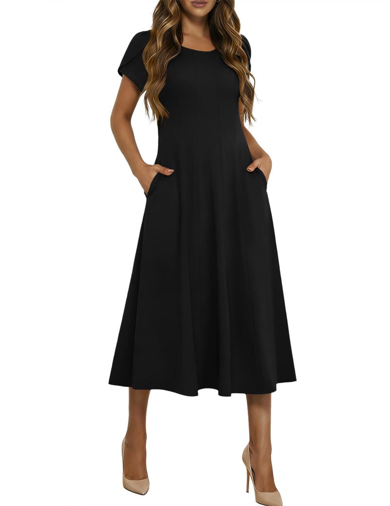 HOTOUCH Womens Summer Midi Dress Casual Dresses with Pockets Short Sleeve Black Dress Loose Fitting Boho Dresses for Women 2026, A-Black,XL - Image 1