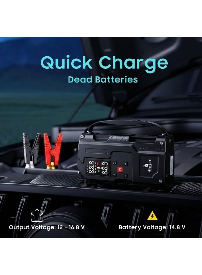 GRABIT 4-in-1 Portable Car Battery Jump Starter with 10000mAh Tyre Inflater, 12V-16V Battery Booster Pack, Portable Jump Box with LED Flashlight and Heavy-Duty Jumper Cables - Image 2