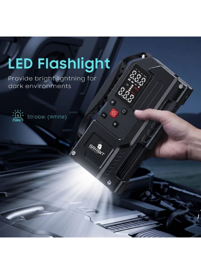 GRABIT 4-in-1 Portable Car Battery Jump Starter with 10000mAh Tyre Inflater, 12V-16V Battery Booster Pack, Portable Jump Box with LED Flashlight and Heavy-Duty Jumper Cables - Image 4
