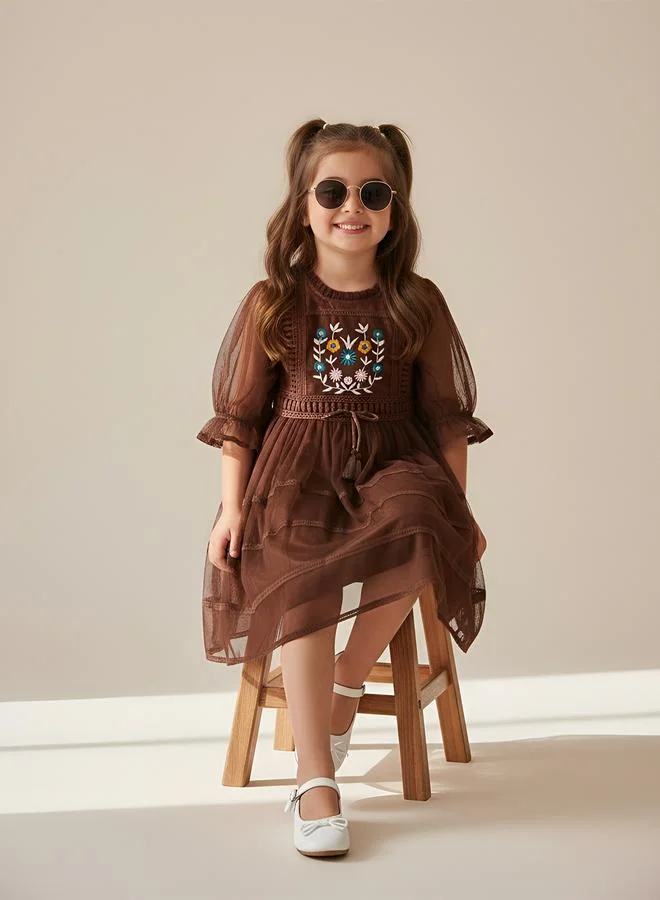Bella Moda Girls Mesh Embroidered Dress Long Sleeves and Tassel Belt