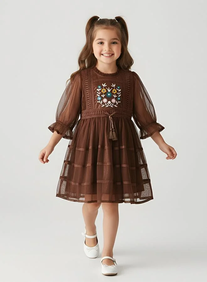 Bella Moda Girls Mesh Embroidered Dress Long Sleeves and Tassel Belt