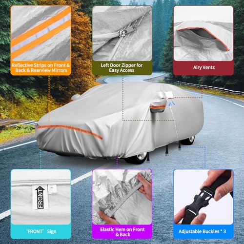 GRABADO Sedan Car Cover Waterproof All Weather,Heavy Duty 8 Layers Outdoor Car Covers for Automobiles with Door Zipper and Cotton Lining，Full Exterior Covers Fits for Audi A4 A5,2007-2025 BMW 3 Series - Image 4