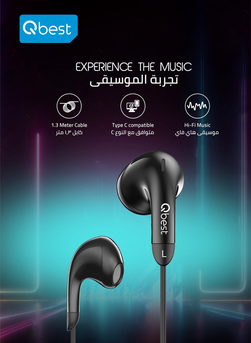Qbest Super Bass Wired Earphone – Type C, HI-FI Stereo, Noise Reduction, and Volume Control for Enhanced Audio - Image 2