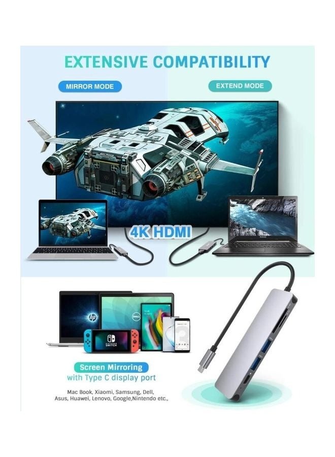 Captaintech 6 in 1 USB-C Hub For MacBook-Pro Type C Adapter Multiport SD Card Reader 4K HDMI Grey - Image 3