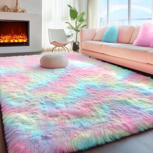 PAGISOFE Fluffy Colorful Rainbow Rugs for Bedroom Girls 5x7, Soft Unicorn Shag Cute Girls Room Rugs for Kids Playroom Living Room Nursery Home Decor, Furry Kawaii Princess Rug,Pastel Shaggy Rug Carpet - Image 1