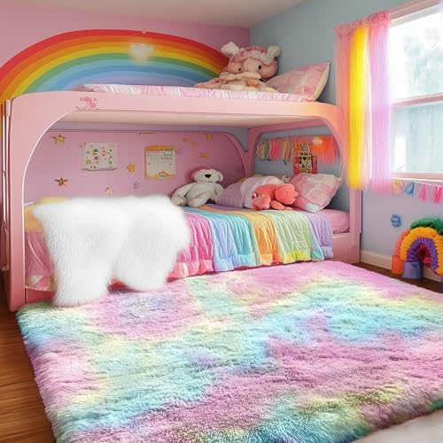 PAGISOFE Fluffy Colorful Rainbow Rugs for Bedroom Girls 5x7, Soft Unicorn Shag Cute Girls Room Rugs for Kids Playroom Living Room Nursery Home Decor, Furry Kawaii Princess Rug,Pastel Shaggy Rug Carpet - Image 2