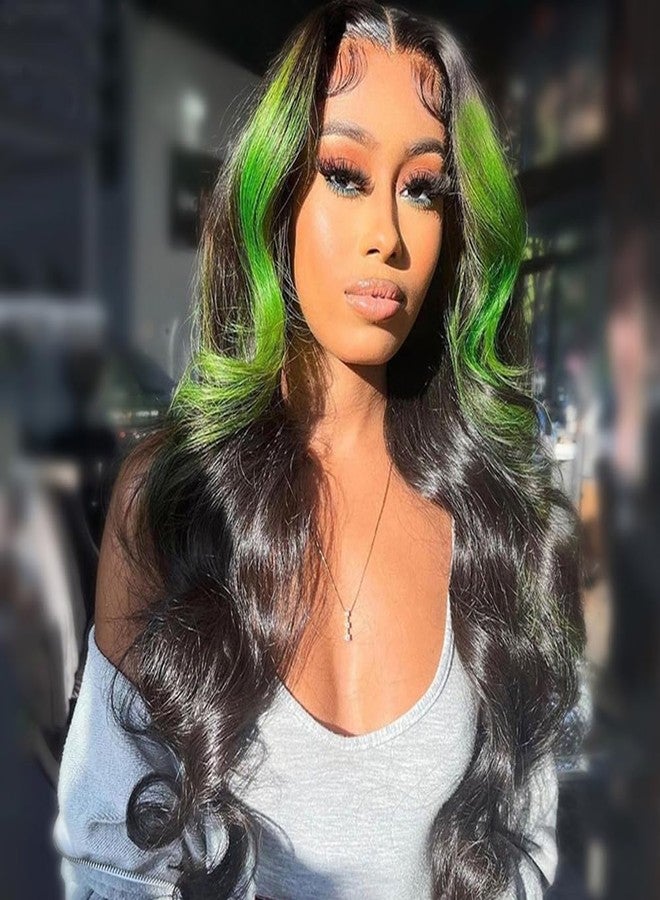 JYZ Skunk Stripe Green Lace Front Wigs Human Hair, 200% Density, Wavy 13X4 HD Lace Front,Green and Natural Black Skunk Stripe Wig,Pre Plucked with Baby Hair,18inch Middle Part - Image 5
