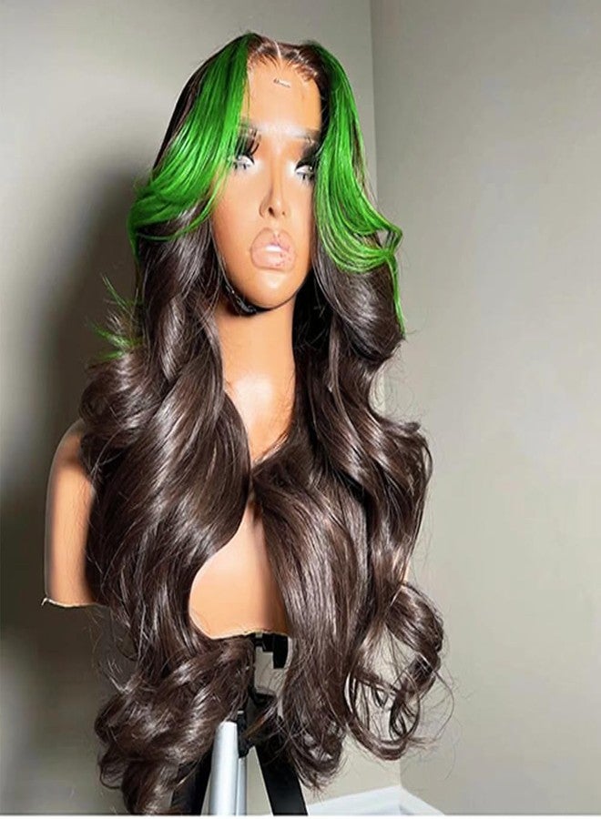 JYZ Skunk Stripe Green Lace Front Wigs Human Hair, 200% Density, Wavy 13X4 HD Lace Front,Green and Natural Black Skunk Stripe Wig,Pre Plucked with Baby Hair,18inch Middle Part - Image 3
