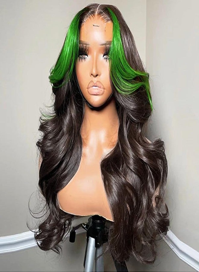 JYZ Skunk Stripe Green Lace Front Wigs Human Hair, 200% Density, Wavy 13X4 HD Lace Front,Green and Natural Black Skunk Stripe Wig,Pre Plucked with Baby Hair,18inch Middle Part - Image 2