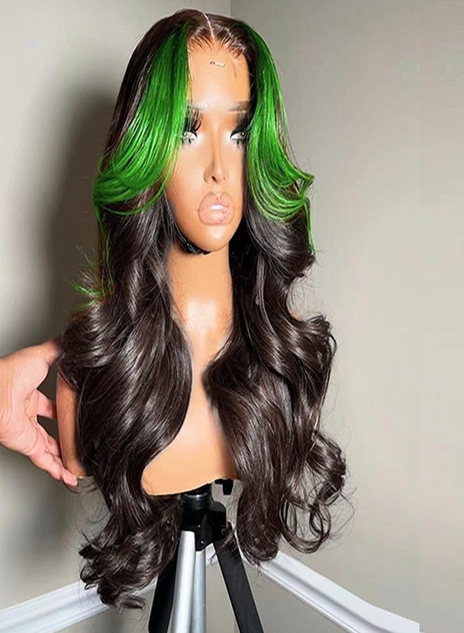 JYZ Skunk Stripe Green Lace Front Wigs Human Hair, 200% Density, Wavy 13X4 HD Lace Front,Green and Natural Black Skunk Stripe Wig,Pre Plucked with Baby Hair,18inch Middle Part - Image 4