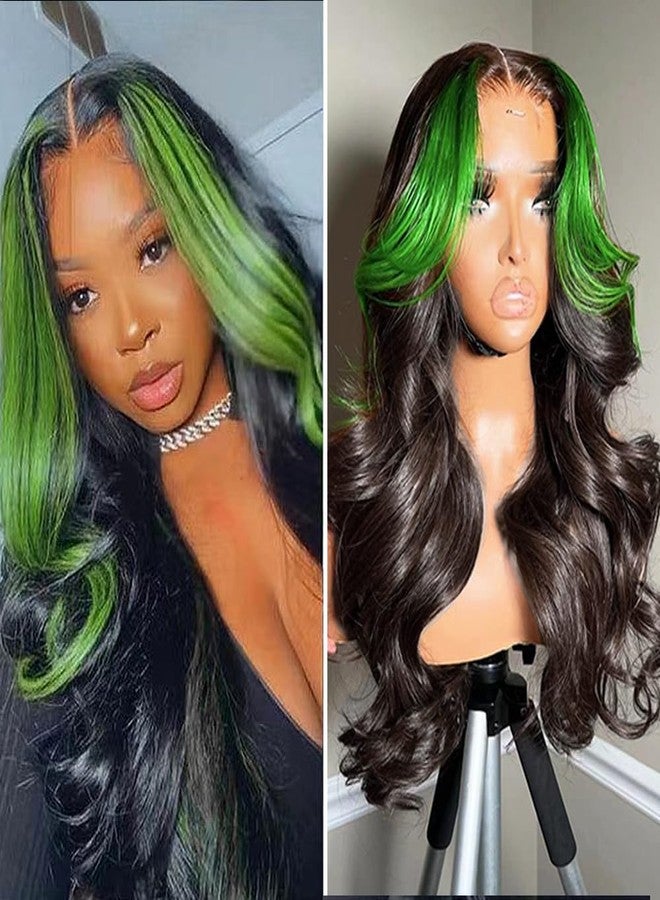 JYZ Skunk Stripe Green Lace Front Wigs Human Hair, 200% Density, Wavy 13X4 HD Lace Front,Green and Natural Black Skunk Stripe Wig,Pre Plucked with Baby Hair,18inch Middle Part - Image 1