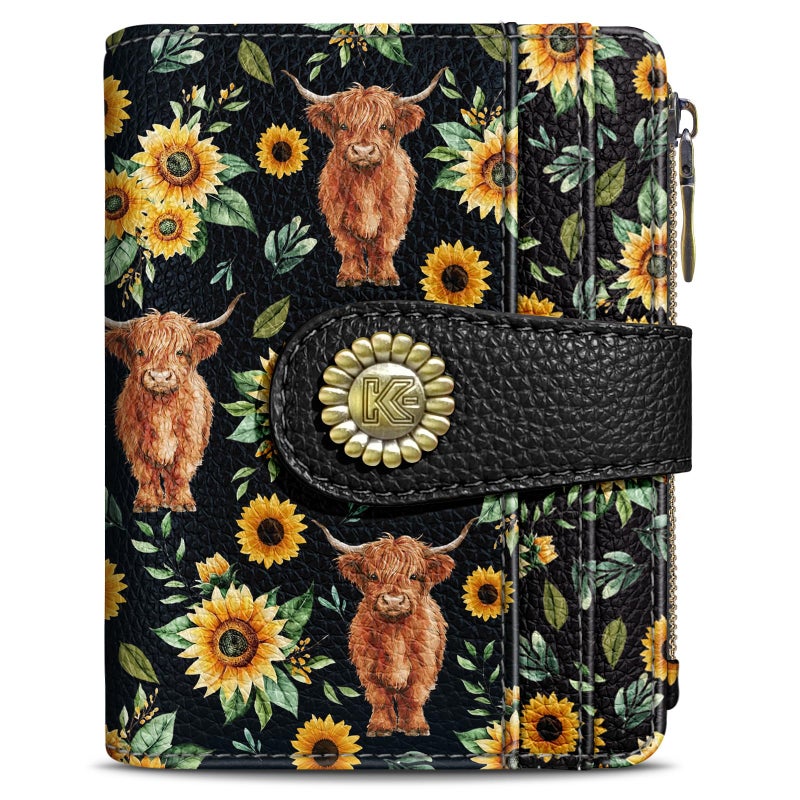 Kelvoris Highland Cow Cattle Sunflower Small Rfid Women Wallet Bifold Zipper Coin Pocket PU Leather Compact Cash Credit Card Holder Travel Wallet for Female Ladies Teen Girls 1 ID Window 10 Card Slots - Image 1