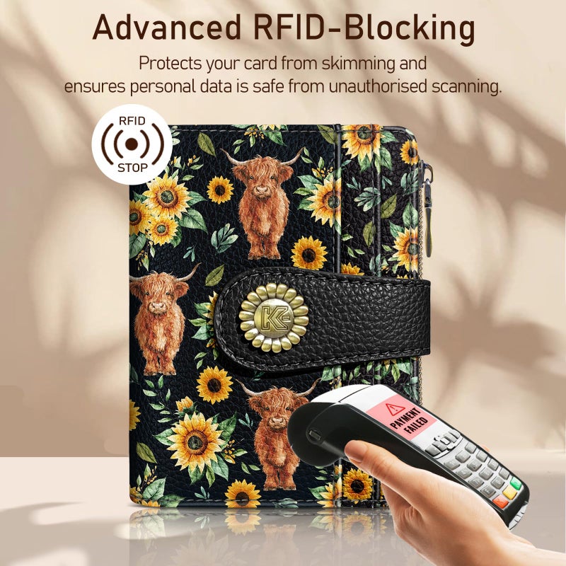 Kelvoris Highland Cow Cattle Sunflower Small Rfid Women Wallet Bifold Zipper Coin Pocket PU Leather Compact Cash Credit Card Holder Travel Wallet for Female Ladies Teen Girls 1 ID Window 10 Card Slots - Image 3