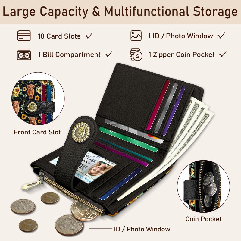 Kelvoris Highland Cow Cattle Sunflower Small Rfid Women Wallet Bifold Zipper Coin Pocket PU Leather Compact Cash Credit Card Holder Travel Wallet for Female Ladies Teen Girls 1 ID Window 10 Card Slots - Image 4