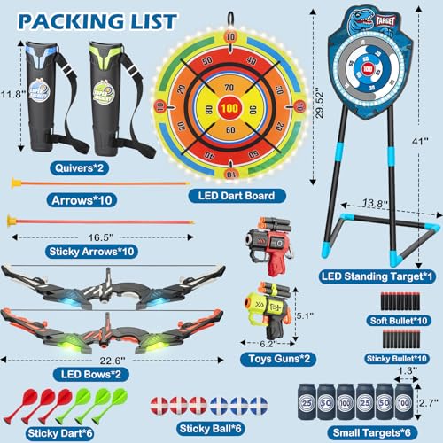 VROGTIK 2 Pack Kids LED Archery Set with Standing Target & LED Dart Board, 20 Suction Cup Arrows Bow and Arrow for Kids 3-12, Indoor Outdoor Sport Toy for Boys Girls - Image 5