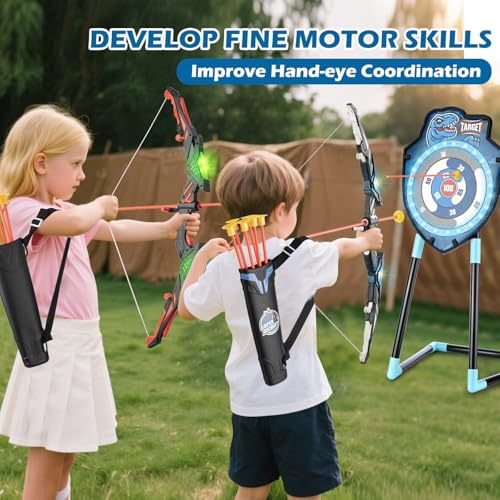 VROGTIK 2 Pack Kids LED Archery Set with Standing Target & LED Dart Board, 20 Suction Cup Arrows Bow and Arrow for Kids 3-12, Indoor Outdoor Sport Toy for Boys Girls - Image 4