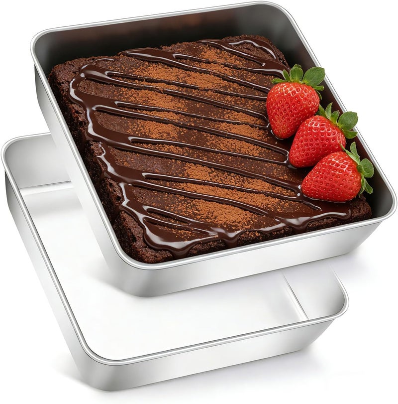 Herogo 8"x 8" Square Cake Pan, Stainless Steel Square Baking Pan, Cakes Brownie Lasagna Bakeware Set of 2, Healthy & Dishwasher Safe - Image 1