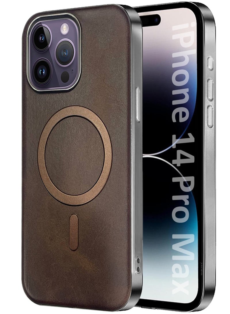 CATANES حافظة جلدية PU لهاتف آبل آيفون 14 برو ماكس متوافقة مع ماغسيف، مقاومة للصدمات وسقوط، حافظة رقيقة بنية - Image 1