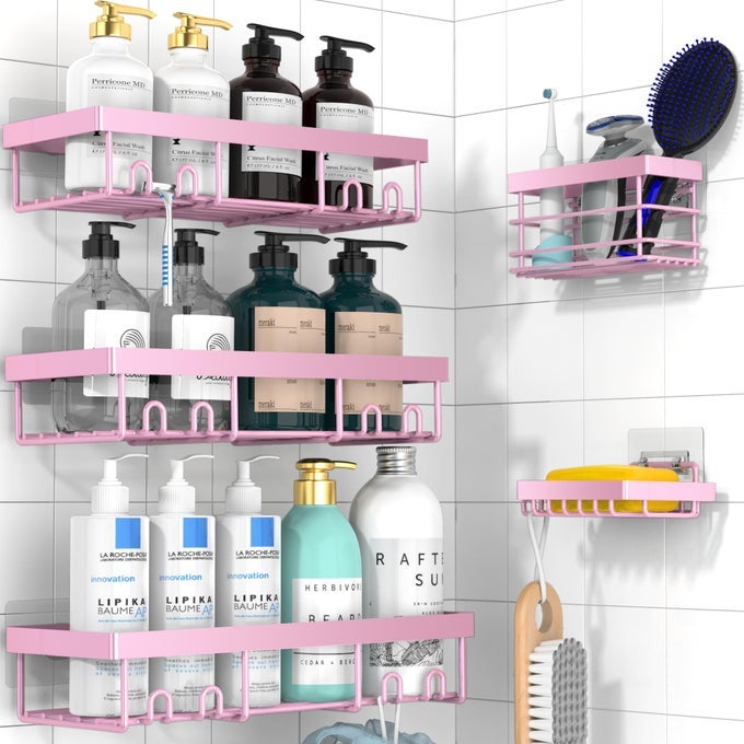 ADHESIVE SHOWER CADDY ORGANIZER SHELVES RACK 5 PACK CORNER BATHROOM STORAGE ORGANIZATION HOME KITCHEN DECOR INSIDE RV ACCESSORIES HANGING FIRST APARTMENT HOUSEHOLD CAMPER ESSENTIALS