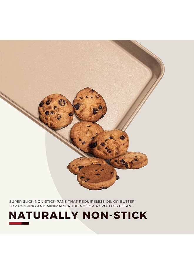 JOYBOS أطقم صواني خبز، طقم أدوات خبز غير لاصقة من 7 قطع: صينية كيك دائرية/مربعة، صينية رغيف، صينية مافن، صينية بسكويت، صينية تحميص، رف تبريد وقفازات فرن سيليكون، طقم خبز من الفولاذ الكربوني، ذهبي - Image 4