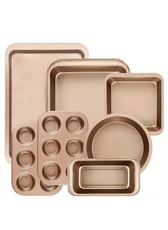 JOYBOS أطقم صواني خبز، طقم أدوات خبز غير لاصقة من 7 قطع: صينية كيك دائرية/مربعة، صينية رغيف، صينية مافن، صينية بسكويت، صينية تحميص، رف تبريد وقفازات فرن سيليكون، طقم خبز من الفولاذ الكربوني، ذهبي - Image 1