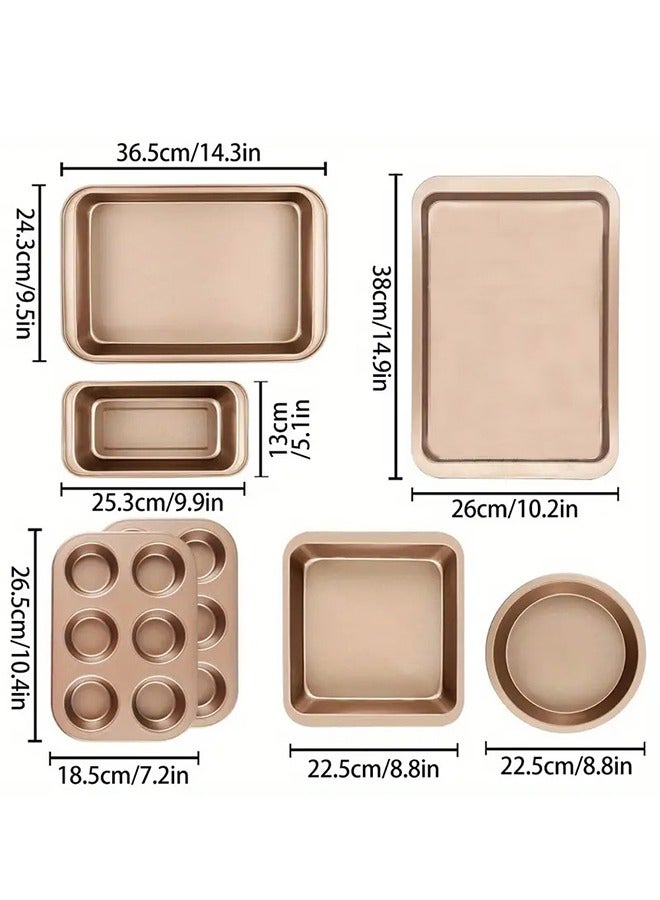 JOYBOS أطقم صواني خبز، طقم أدوات خبز غير لاصقة من 7 قطع: صينية كيك دائرية/مربعة، صينية رغيف، صينية مافن، صينية بسكويت، صينية تحميص، رف تبريد وقفازات فرن سيليكون، طقم خبز من الفولاذ الكربوني، ذهبي - Image 2