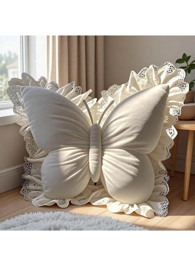 LBMT وسادة على شكل فراشة مع حافة من الدانتيل،وسادة مخملية مزخرفة على شكل فراشة،وسادة لسرير غرفة المعيشة،ديكور المنزل،كرسي المكتب، مقعد السيارة (أبيض) - Image 1