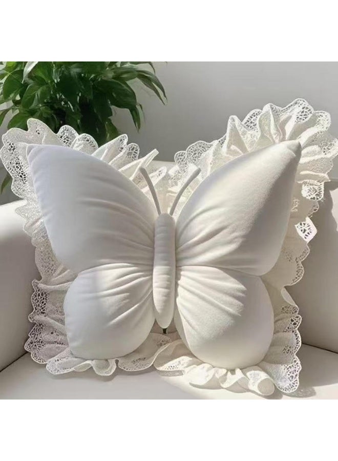 LBMT وسادة على شكل فراشة مع حافة من الدانتيل،وسادة مخملية مزخرفة على شكل فراشة،وسادة لسرير غرفة المعيشة،ديكور المنزل،كرسي المكتب، مقعد السيارة (أبيض) - Image 2