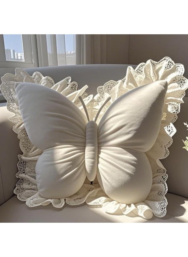LBMT وسادة على شكل فراشة مع حافة من الدانتيل،وسادة مخملية مزخرفة على شكل فراشة،وسادة لسرير غرفة المعيشة،ديكور المنزل،كرسي المكتب، مقعد السيارة (أبيض) - Image 4