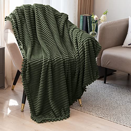 DISSA Fleece Blanket Throw Size – 51x63, Olive Green – Soft, Plush, Fluffy, Fuzzy, Warm, Cozy – Perfect Throw for Couch, Bed, Sofa - with Pompom Fringe - Flannel Blanket Throw Blanket - Image 2