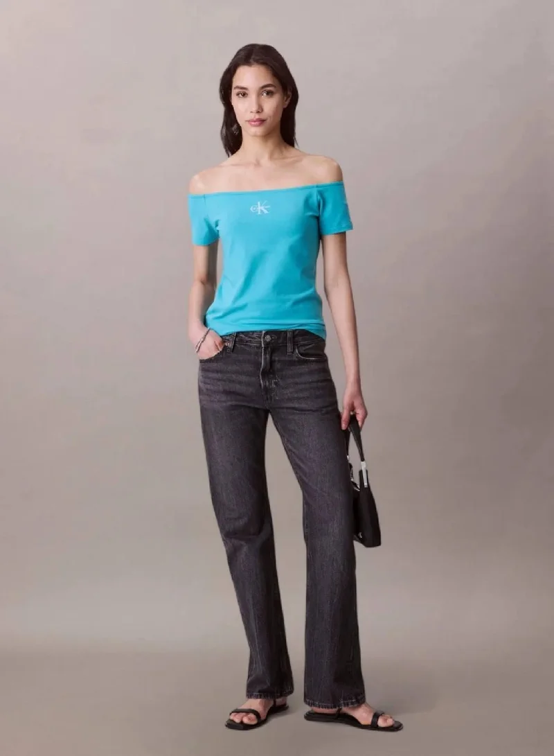 Calvin Klein Jeans Tuscan Teal Monogram Off Shoulder Top for Women | Best Price UAE