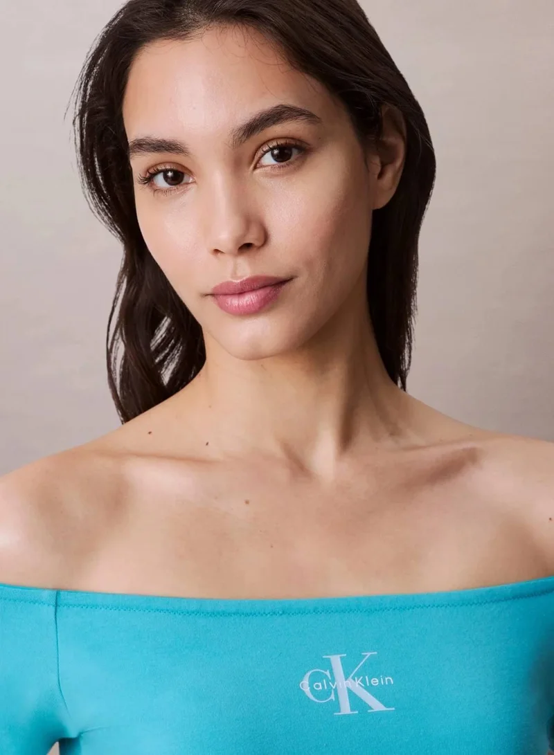 Calvin Klein Jeans Tuscan Teal Monogram Off Shoulder Top for Women | Best Price UAE