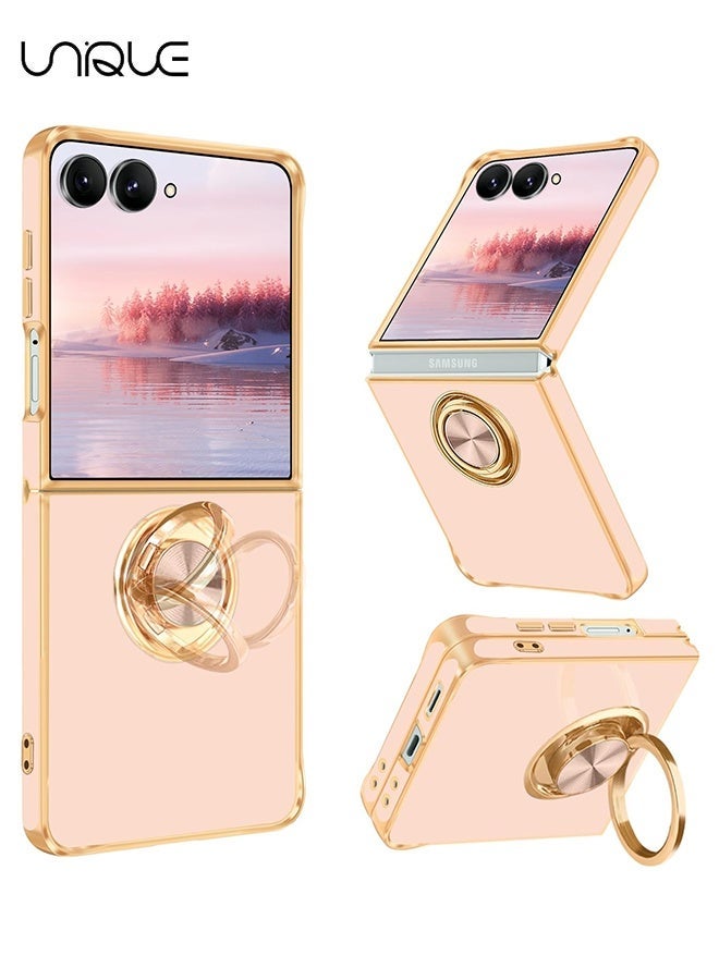 يونيك لحافظة سامسونج جالاكسي زد فليب 7 [مع حامل حلقة قابلة للدوران بزاوية 360 درجة] [دعم حامل السيارة المغناطيسي] - جراب TPU ناعم رفيع مطلي بالذهب لامع لهاتف Galaxy Z Flip 7 - وردي - Image 1