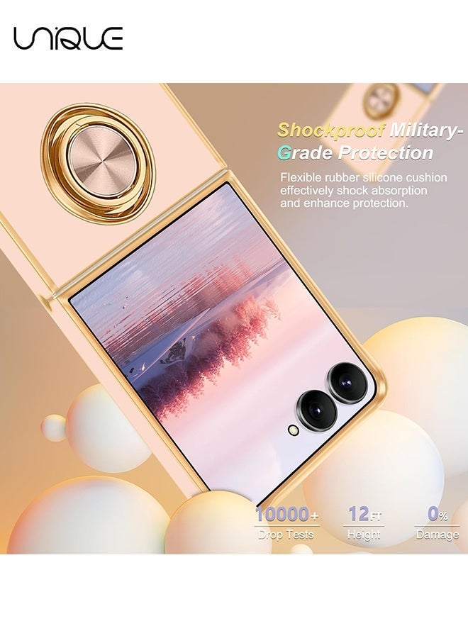 يونيك لحافظة سامسونج جالاكسي زد فليب 7 [مع حامل حلقة قابلة للدوران بزاوية 360 درجة] [دعم حامل السيارة المغناطيسي] - جراب TPU ناعم رفيع مطلي بالذهب لامع لهاتف Galaxy Z Flip 7 - وردي - Image 2