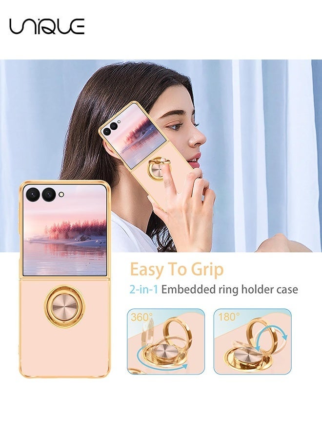 يونيك لحافظة سامسونج جالاكسي زد فليب 7 [مع حامل حلقة قابلة للدوران بزاوية 360 درجة] [دعم حامل السيارة المغناطيسي] - جراب TPU ناعم رفيع مطلي بالذهب لامع لهاتف Galaxy Z Flip 7 - وردي - Image 4