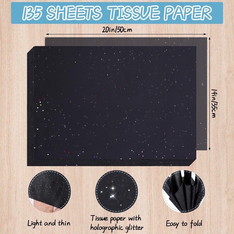 woric 135 Sheets Black Tissue Paper for Gift Bags 20 x 14 Inch Glitter Tissue Paper Bulk with Sparkle for Gift Wrap Crafts DIY Project Birthday Decor - Image 2
