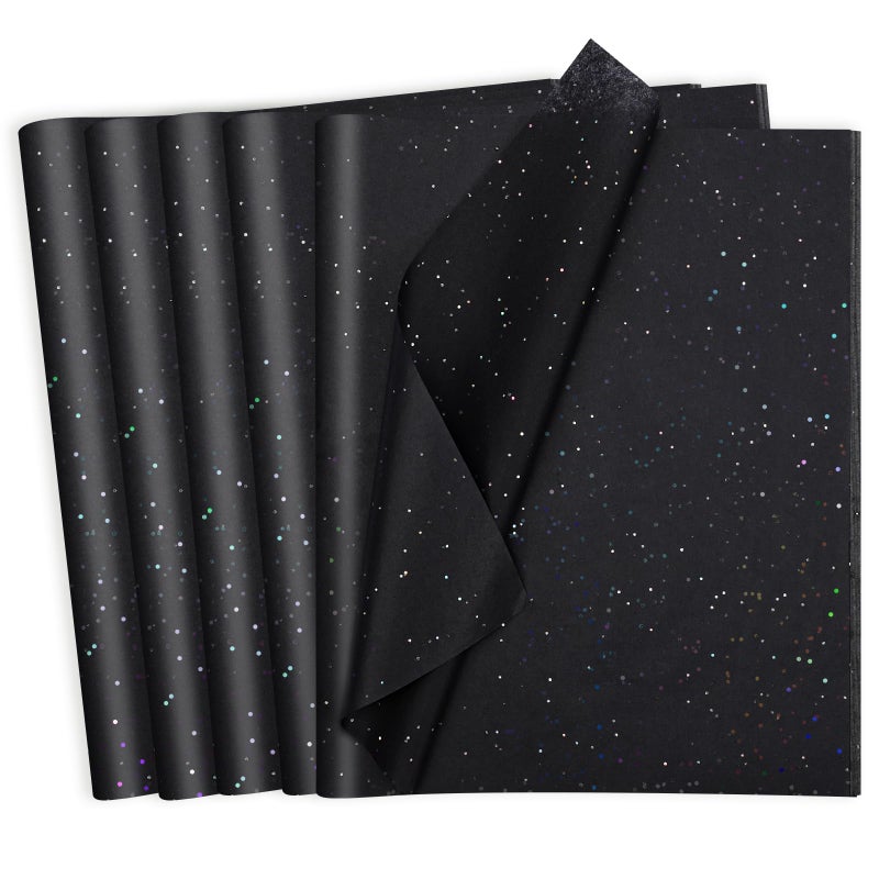 woric 135 Sheets Black Tissue Paper for Gift Bags 20 x 14 Inch Glitter Tissue Paper Bulk with Sparkle for Gift Wrap Crafts DIY Project Birthday Decor - Image 1