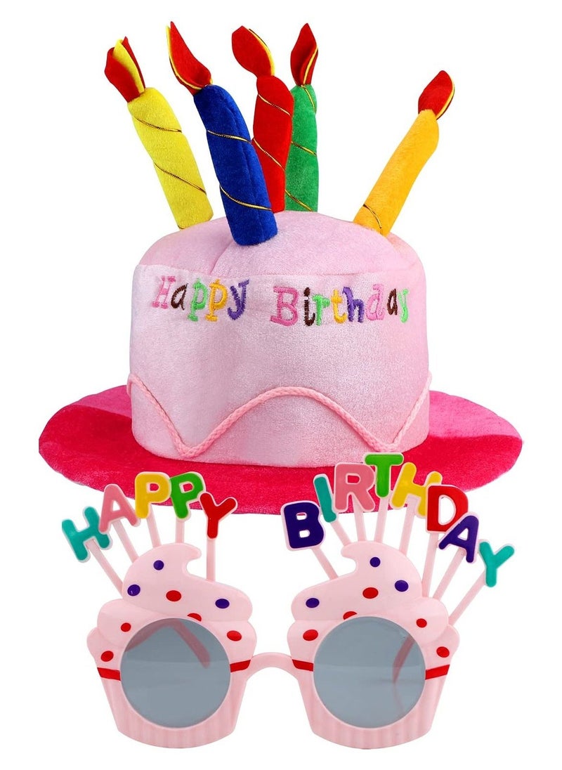 Happy Birthday Hat,Birthday Hat with Birthday Glasses Plush Happy Birthday Cake Hat for Birthday Party Glasses for Girls Adults Party Decoration