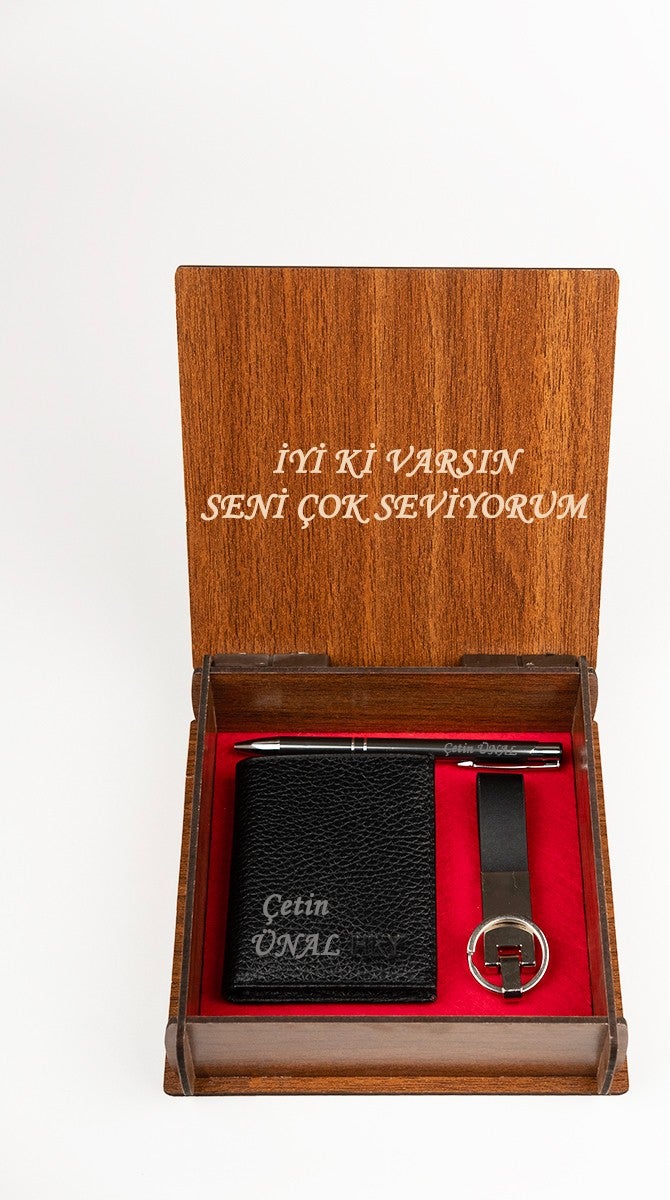 HKY Wooden Boxed Leather Personalized Men's Wallet Pen Keychain Set  - Image 1